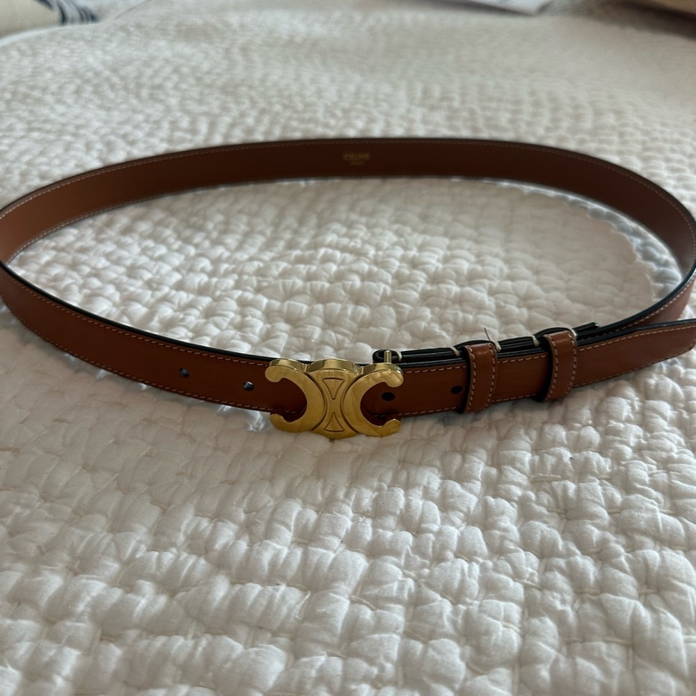 Celine Tan Leather Triomphe Belt with Gold Buckle